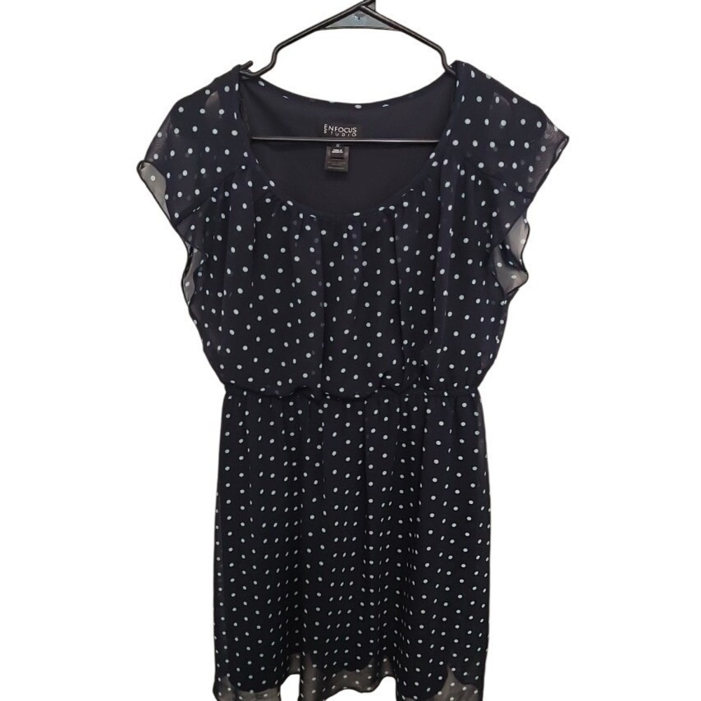 Enfocus Studio Navy Teal Polka Dot Sheer Overlay Dress Size 8 Summer Sleeveless
